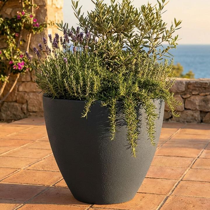 Produktbild Ethick Blumentopf Rund 38cm, Graphit – Grosses Pflanzgefäss für Aussen und Innen – Moderne Optik (38 x 32 cm)