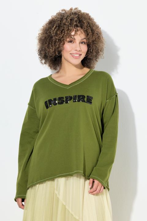 Produktbild Ulla Popken Sweatshirt, Pailletten-Schriftzug, V-Ausschnitt, Langarm (62)