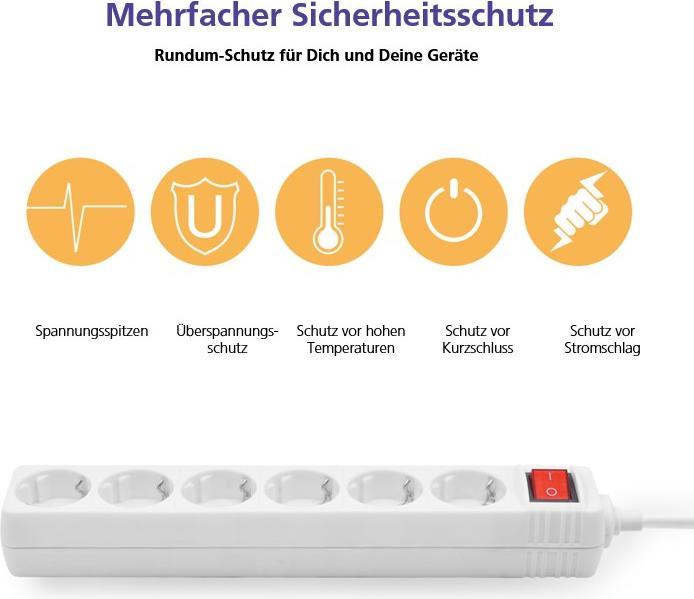 Actual product image Helos CLASSIC socket strip, 6-way, white, 1.5m, with switch (6x, CEE 7/3, 1.50 m)