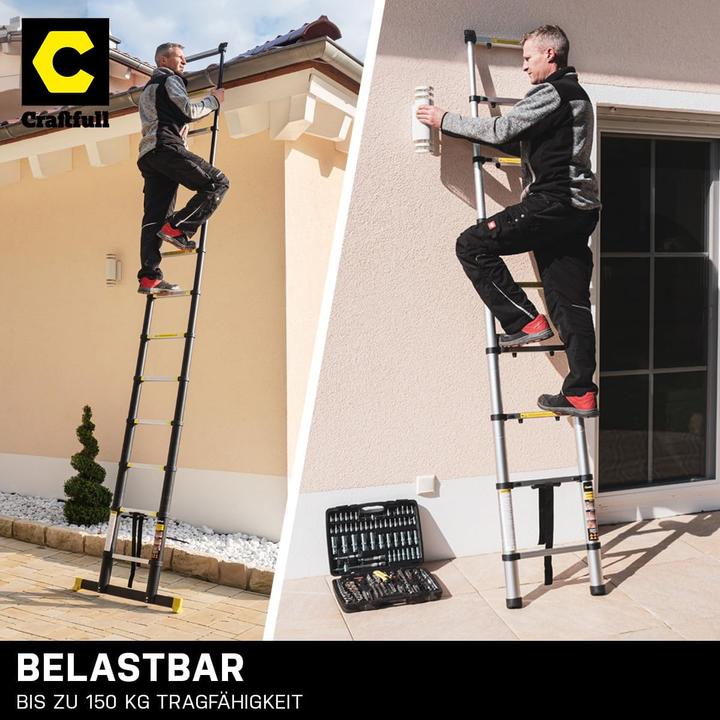 Immagine prodotto Craftfull Teleskopleiter CF-101A, 15 Sprossen, inkl. Tragetasche (Scala singola)
