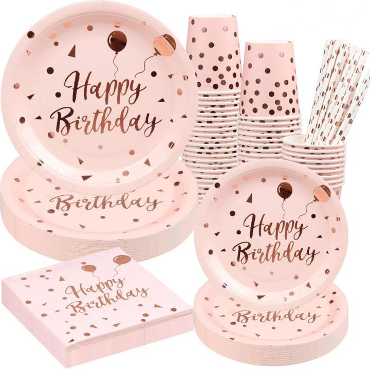 Produktbild I Am Creative Happy Birthday Einweg Partygeschirr 100-tlg. Set Tischdeko Rosa/Konfetti (100 x)