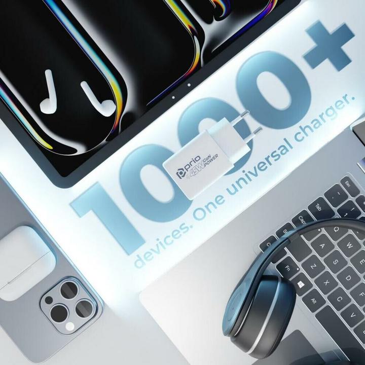 Image du produit prio Chargeur mural GaN Power 45W PD PPS (USB C) + QC 3.0 (USB A) blanc (45 W, 1 portion)