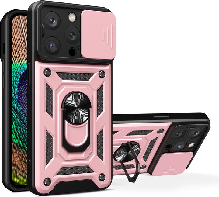 Produktbild Hurtel iPhone 15 Pro Max Hybrid Armor Camshield Hülle mit Ständer und Kameraabdeckung – Pink (Apple iPhone 15 Pro Max)
