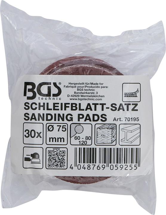 Productafbeelding BGS Schuurbladenset voor excentrische schuurmachine | Ø 75 mm | K 60 - 80 - 120 | 30-delig. (K 120, K 60, K 80)