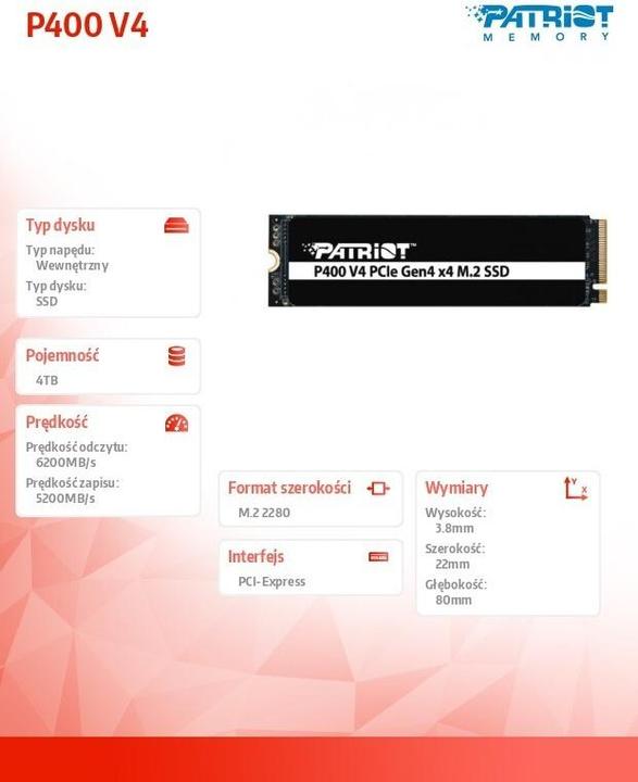 Produktbild Patriot P400 V4 4 TB (PCIe 4.0 x4, NVMe 2.0, M.2 2280) (4000 GB, M.2 2280)