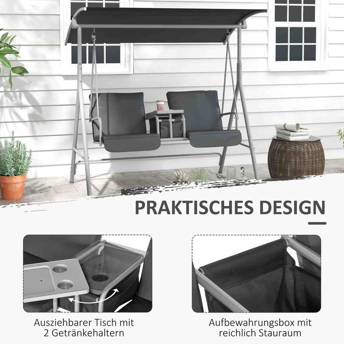 Actual product image Swisshandel24 Hollywoodschaukel 2-Sitzer mit Tablett, bis 180 kg Belastbar, Balkon, Schwarz