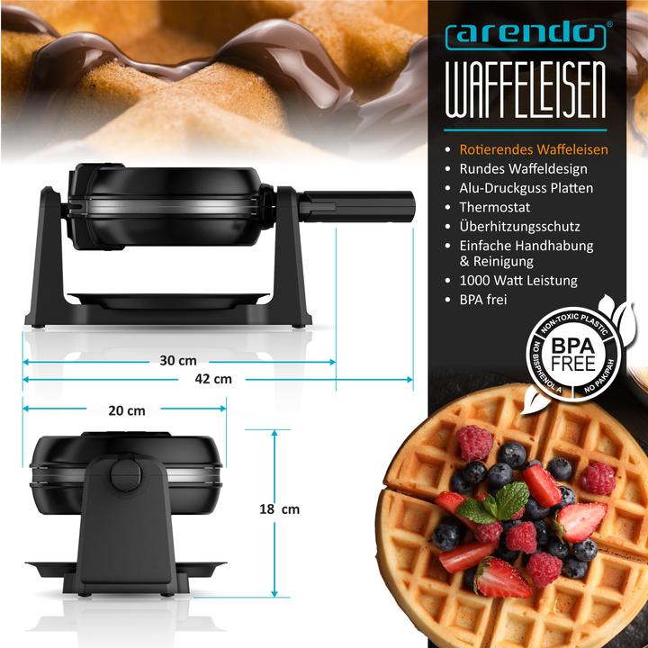 Produktbild Arendo Waffeleisen für Waffel mit 17cm Ø, automatische Bräunung, 1000 W, drehbar, Antihaftbeschichtet