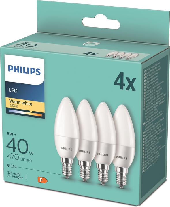 Produktbild Philips LED Kerzenlampe, 4er Set (E14, 5.49 W, 470 lm, 4 x, F)