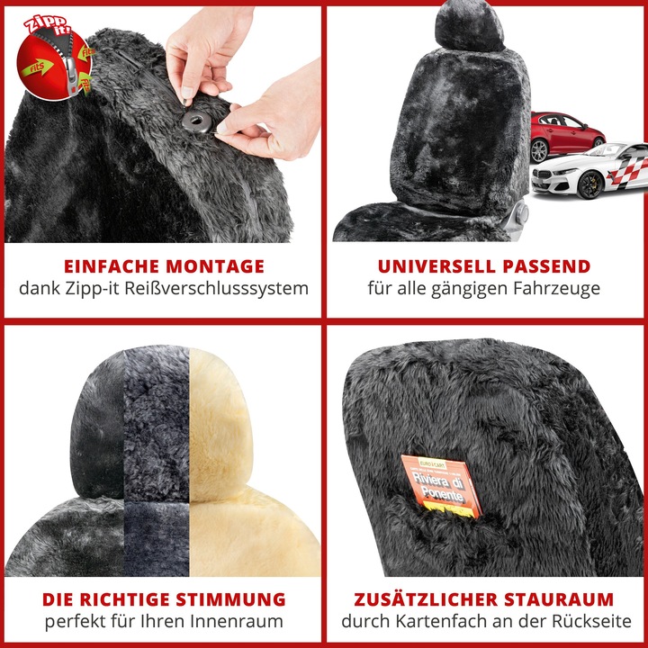 Produktbild Walser Autositzbezug Maya aus Lammfell, PKW-Schonbezug Einzelsitz, Lammfellbezug schwarz