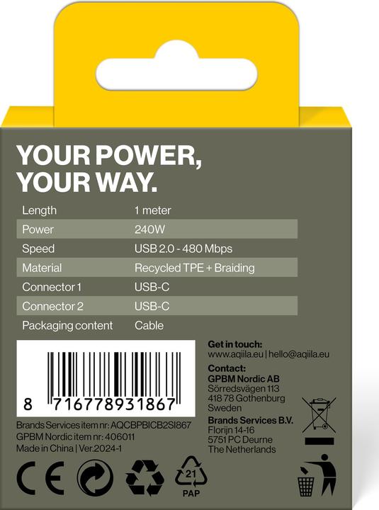 Produktbild Aqiila Cablebird CB11 - USB-C to USB-C Braided cable, 240W (1m) - Black (1 m, USB 2.0, 240 W)