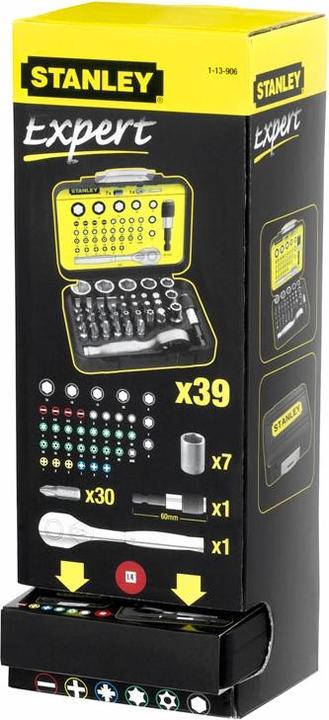 Actual product image Stanley 1/4" bit set, 25mm, with mini reversible ratchet and sockets, 39 pieces (1/4")