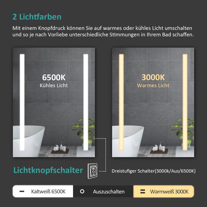 Produktbild Emke Badezimmerspiegel mit Beleuchtung 80*60cm,Beschlagfrei, 3000K/6500K,Tast Schalter (80 x 60 cm)