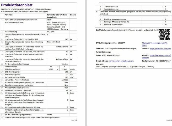 Nutritional values and ingredients ASUS VA279HG (1920 x 1080 pixels, 27")