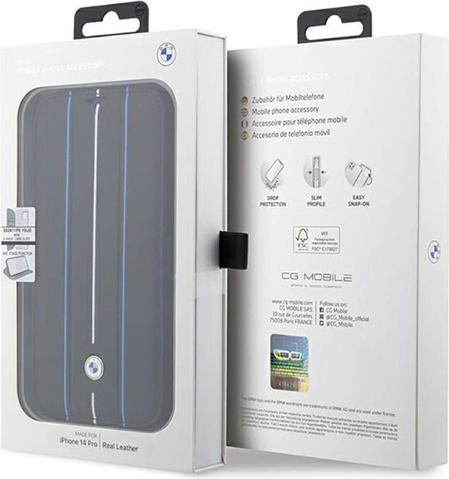 Produktbild BMW Etui BMBKP14X22RVSK iPhone 14 Pro Max 6,7" czarny/black bookcase Leather Stamp Blue Lines (Apple iPhone 14 Pro Max)