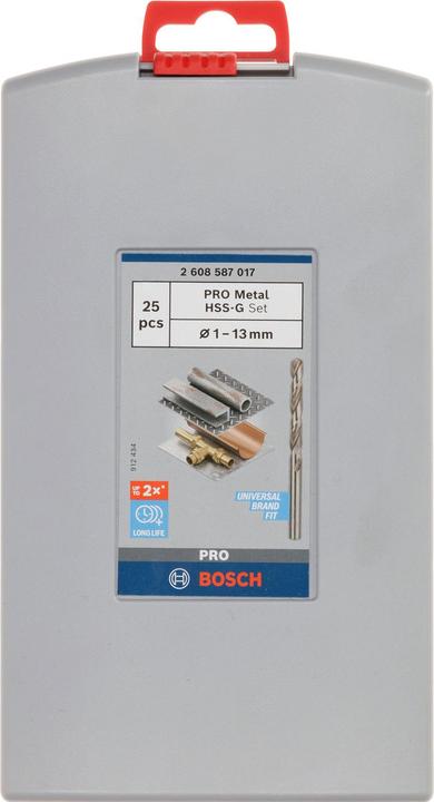 Immagine prodotto Bosch Professional Zubehör Set di punte elicoidali PRO Metal HSS-G, 25 pezzi. (1 mm, 1,5 mm, 10 mm, 10,5 mm, 11 mm, 11,5 mm, 12 mm, 12,5 mm, 13 mm, 2 mm, 2,5 mm, 3 mm, 3,5 mm, 4 mm, 4,5 mm, 5 mm, 5,5 mm, 6 mm, 6,5 mm, 7 mm, 7,5 mm, 8 mm, 8,5 mm, 9 mm, 9,5 mm)