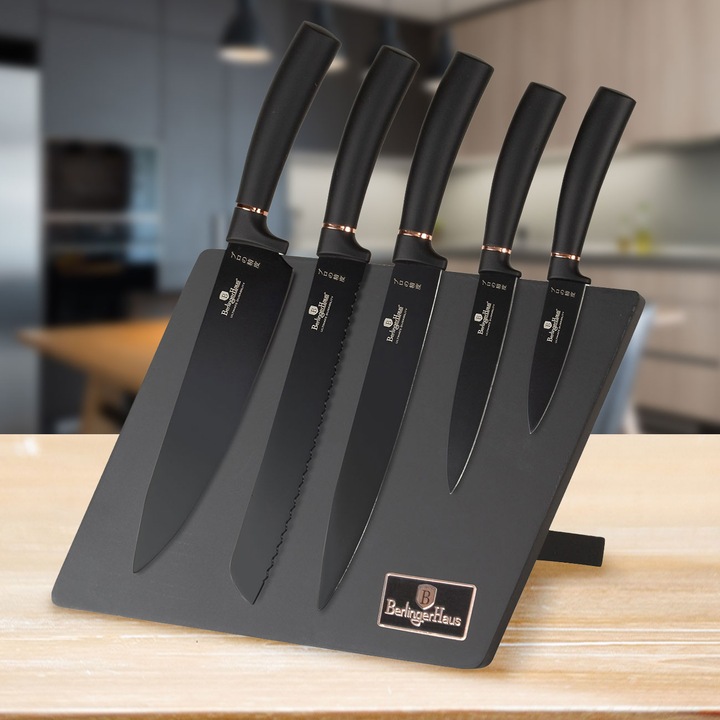 Produktbild BerlingerHaus Design Messerset inkl. magnetischem Messerhalter, 6-teilig, schwarz-rosÃ©gold