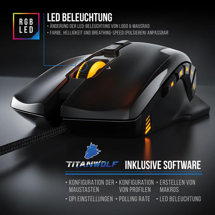 Image du produit Titanwolf Souris laser de jeu avec 12 boutons programmables | Souris avec 10800 dpi | Taux d'interrogation (Filaire)