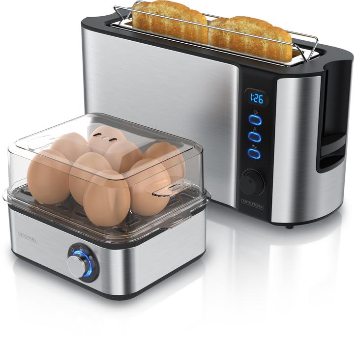 Actual product image Arendo Breakfast set, 2-slice long slot toaster with bread roll top & egg boiler for 8 eggs, silver