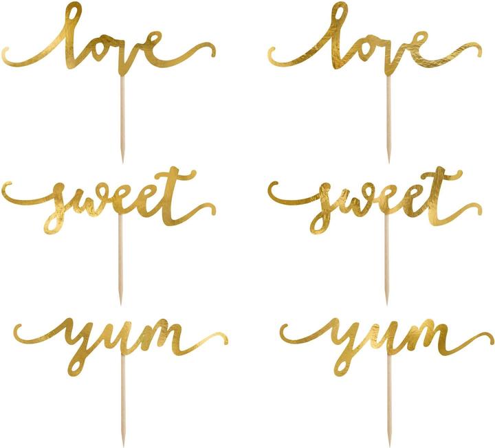 Produktbild Partydeco Kuchen-Topper Set love, sweet, yum 13 cm, 6 Stück, Gold (1 Stk.)