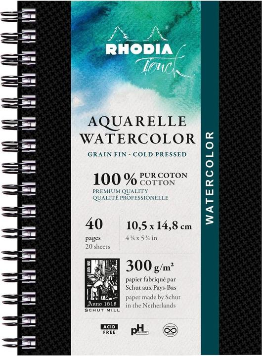 Image du produit Rhodia Touch Watercolor Book, papier grain fin 100% coton 300g - A6 portrait, 40 pages - Noir (300 g/m², 400 x)