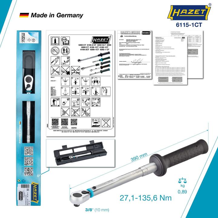 Produktbild HAZET Drehmomentschlüssel ∙ US-STANDARD 6115-1CT ∙ Nm min-max: 27.1 - 135.6 Nm ∙ lbf min-max: 20 - … (3/8", 27.10 Nm, 135.60 Nm)