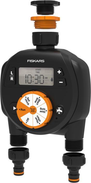 Produktbild Fiskars Zeitschaltuhr/Timer mit 2 Ausgängen, Für alle gängigen Wasserhahngrössen, Leicht ablesbares L (Bewässerungsuhr)