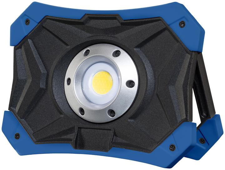 LED-Akku-Strahler mit hocheffizienter COBLED, inkl. Micro-USB Ladekabel., Gehäuse aus robustem Aludruckguss mit weichem Kantenschutz aus thermoplastischem Elastomer, 3-stufig schaltbar, mit verstellbarem Bügel, sowie Powerbank-Funktion, Ladestandsanzeige