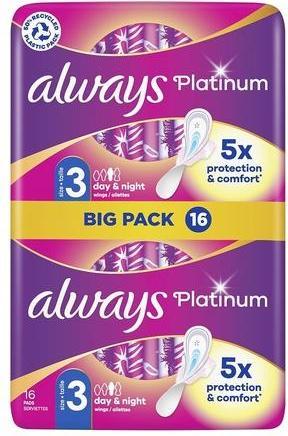 Actual product image Always Platinum Night Size 3 Sanitary Towels with Wings 16ct (16 x)