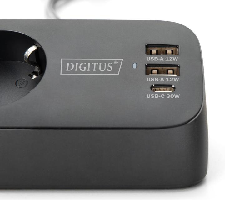 Actual product image Digitus 3-way office socket strip with 2x USB-A and 1x USB-C connections, black (3x, CEE 7/3, 1.50 m)