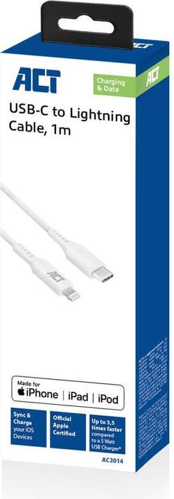 Produktbild ACT USB-C to Lightning charging/data cable 1 meter, MFI certified (1 m, USB 2.0)