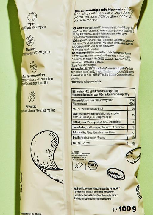 Nährwerte und Zutaten KoRo Bio Linsenchips mit Meersalz (1600 g, 16 Stk.)