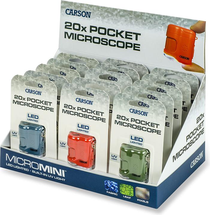 Carson Pocket microscope MicroMini 20x with UV and LED, 15 pieces display