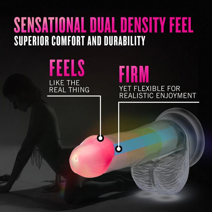Actual product image Blush neo elite glow in the dark rainbow rave 6.5 inch silicone dual density dildo multicoloured