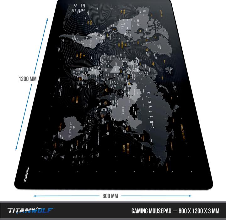 Produktbild Titanwolf Gaming Mauspad, XXXL Speed Mausmatte 1200 x 600 mm, Geschwindigkeit & Präzision, Weltkarte deutsch (L)