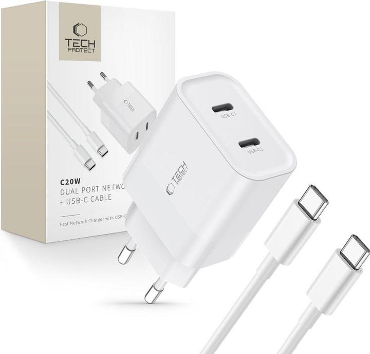 Tech-Protect C20W 2x caricatore di rete USB-C PD 20W con cavo USB-C / USB-C - bianco (20 W)