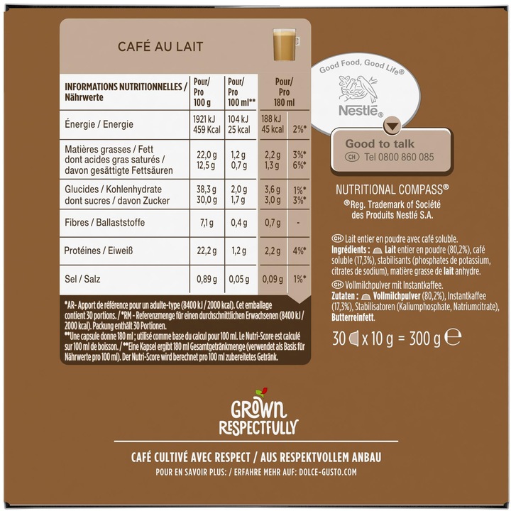 Valeurs nutritives et ingrédients Nescafé Dolce Gusto Café Au Lait (30 x Port.)
