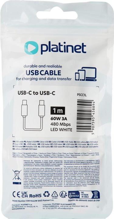 Produktbild Platinet USB-C zu USB-C 60W LED-Kabel 1m weiss (1 m, USB 2.0, 60 W)