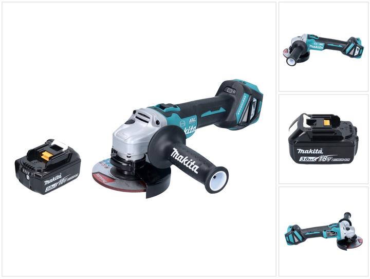 1x Makita DGA 513 cordless angle grinder, 1x Makita 125 mm grinding disc (A-80656), 1x additional handle, 1x protective cover, 1x Makita BL 1830 B 18 V 3.0 Ah battery (197599-5)