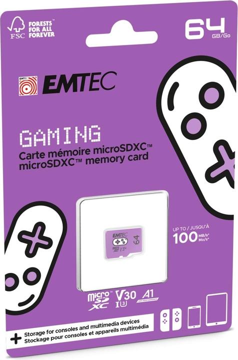 Image du produit Emtec Carte MicroSD SDXC CL.10 UHS1 U3 V30 Gaming (64 Go, microSDXC, U1, UHS-I)