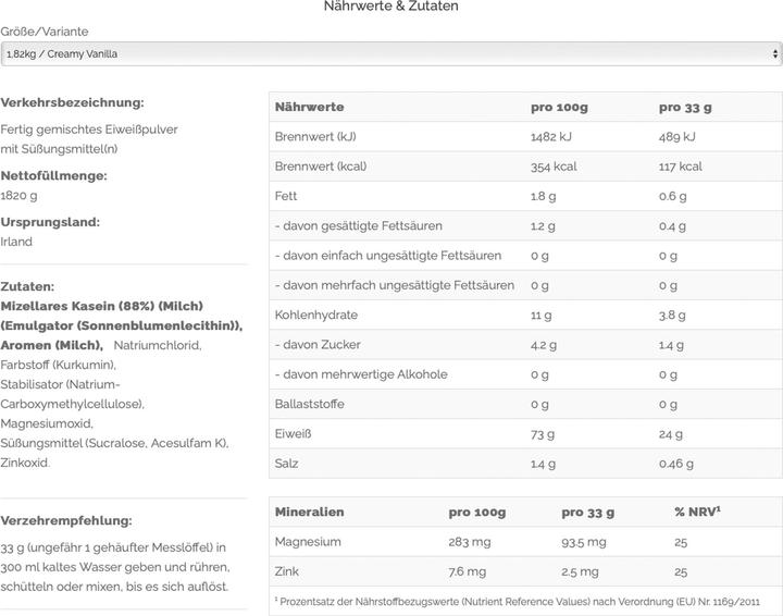 Valori nutrizionali e ingredienti Optimum Nutrition Gold Standard 100% Caseina (Vaniglia, 1 pz., 1820 g)