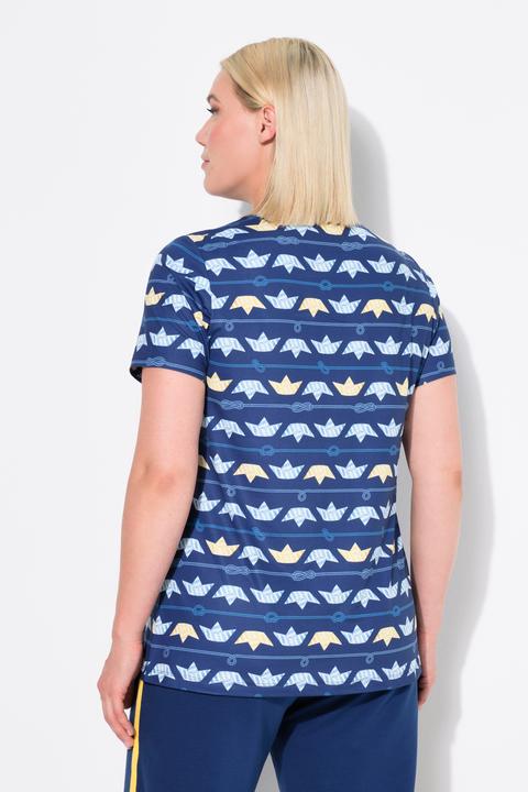 Image du produit Ulla Popken T-shirt technique avec motif petits bateaux, col en V et manches courtes, collection Classic (50, 52)