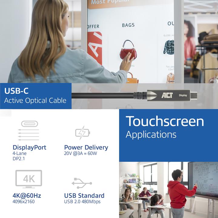 Actual product image USB-C 3.2 Gen2 Active Optical Cable (AOC), for touch panels, video, data, power, 7.5m (7.50 m, USB 3.2 Gen 2)