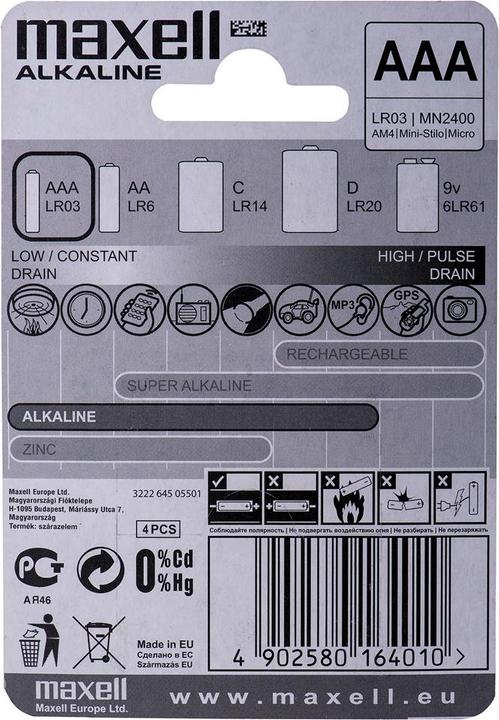 Productafbeelding Maxell Batterij Alkaline AAA Micro LR03 (4 Pcs., AAA / LR03 / Micro / R03 / AM4 / MN2400 / KR03)