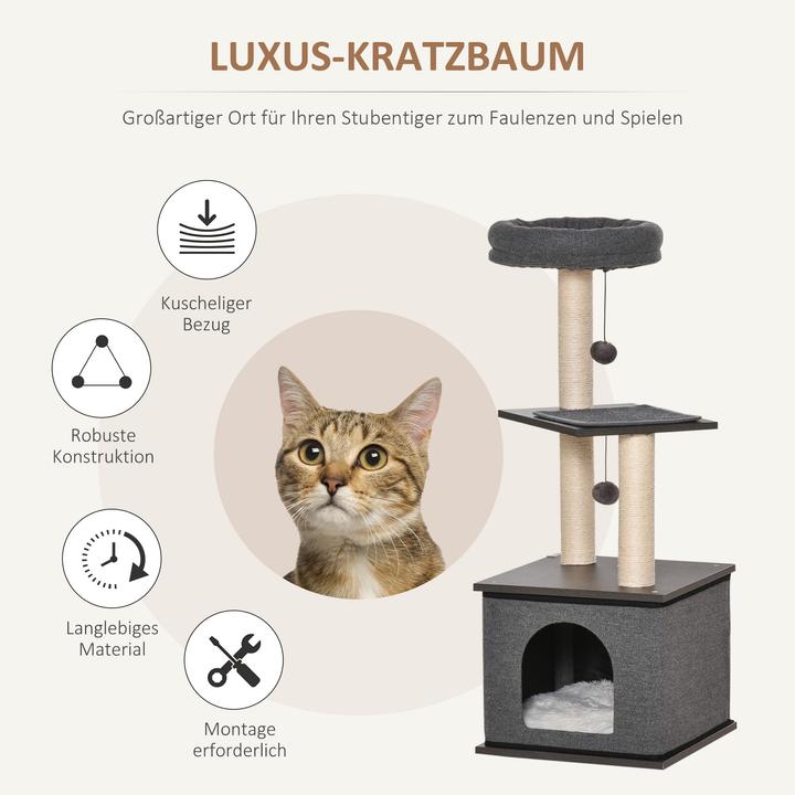 Immagine prodotto PawHut Albero per gatti con grotta per gatti e palline sospese (104 cm, Grigio scuro)