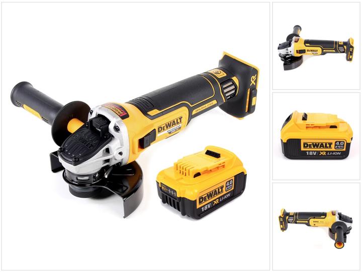1x DeWalt DCG 405 N 18 V Li-Ion cordless angle grinder brushless 125 mm 1x additional handle 1x quick-release nut 1x protective cover 1x DeWalt DCB 182 18 V 4.0 Ah Li-Ion battery without charger without case