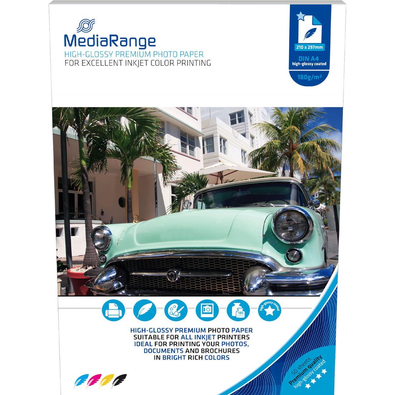 MediaRange Foto Papier hochglänzend DIN (180 g/m², 21 x 29.7 cm, 50 x), Fotopapier, Weiss