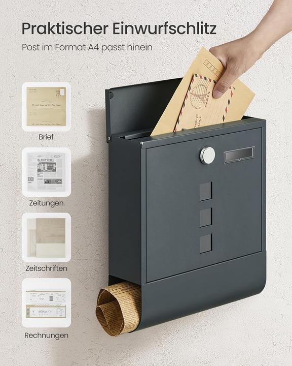 Produktbild Songmics Wandbriefkasten Schloss Sichtfenster Zeitungsfach Anthrazitgrau