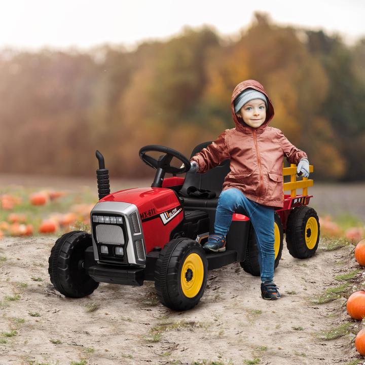 Image du produit Swisshandel24 Tracteur électrique pour enfants avec remorque, télécommande, MP3, phares, 3-6KM/H, rouge