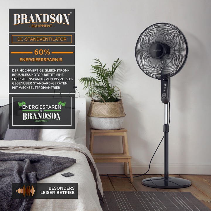 Immagine prodotto Brandson Ventilatore da piedistallo 45,5 cm, DC, silenzioso, telecomando, risparmio energetico (60 dB)