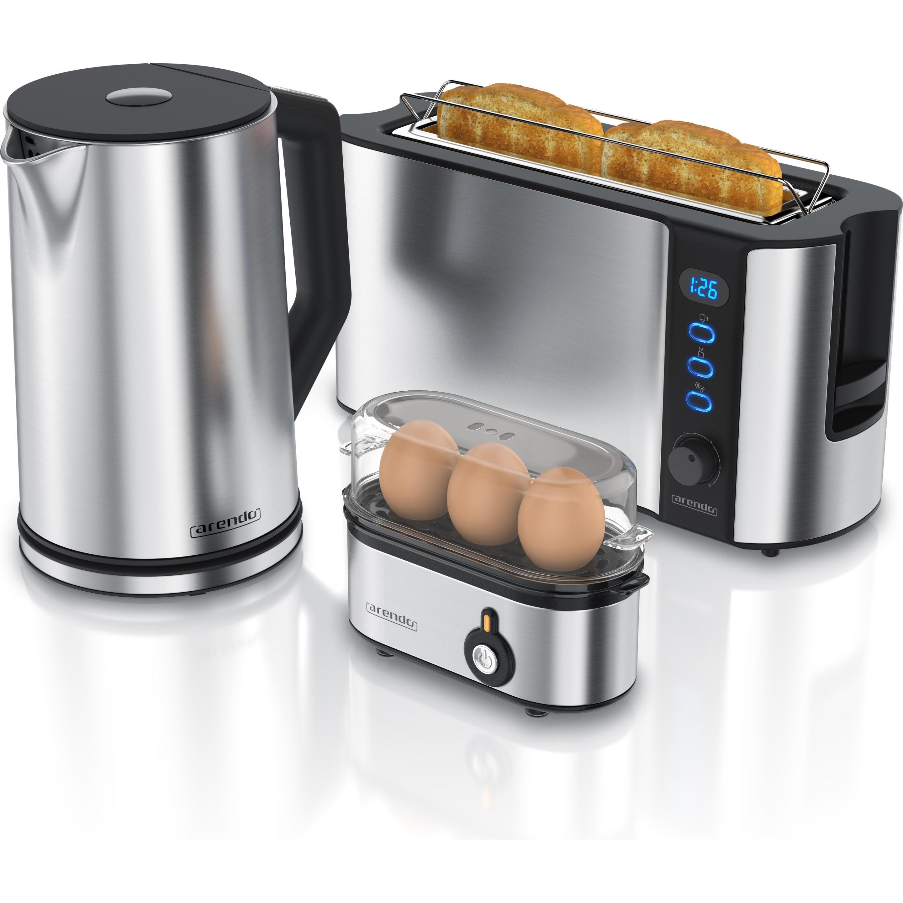 Arendo Frühstücks Set, Wasserkocher 1,5l Temperaturwahl, 2-Scheiben Toaster & Eierkocher für 3 Eier, Silber, Eierkocher,...